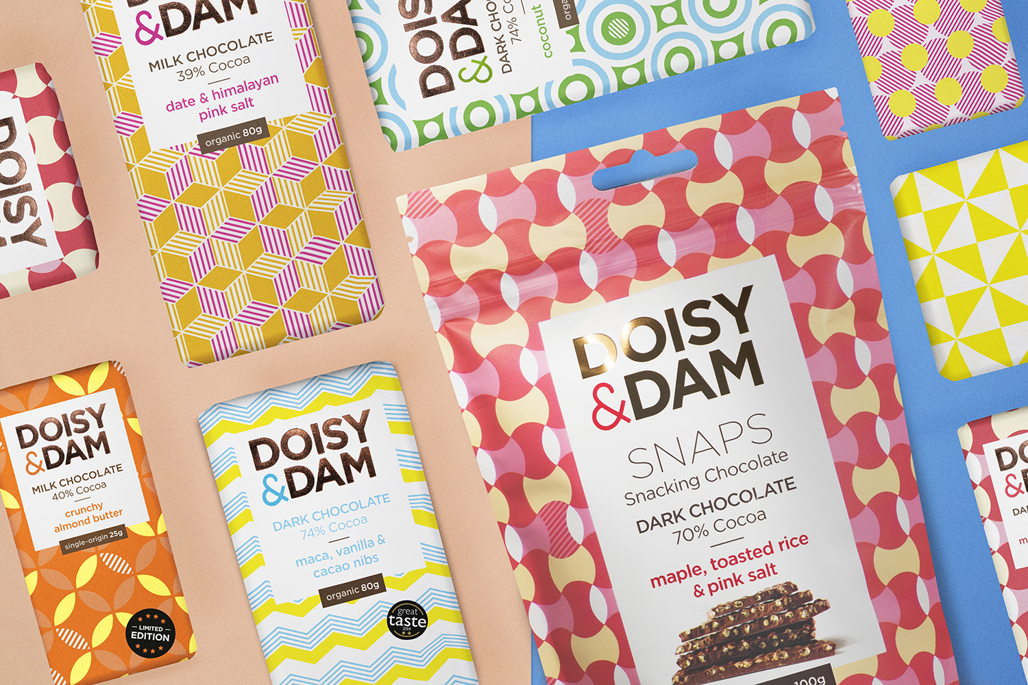 Strong Patterned Packaging Design for UK Based Artisan Chocolate Manufacturer