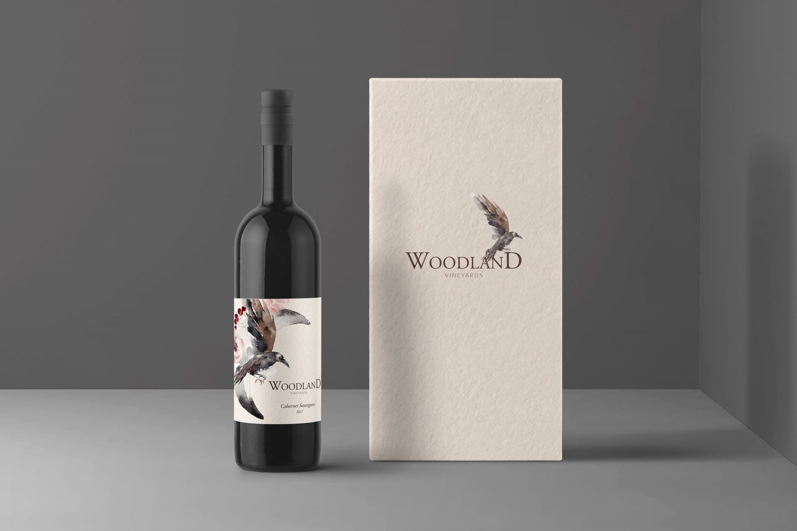 Wine Bottle Label Design, Business card Design and Print Designs for Woodland Vineyards