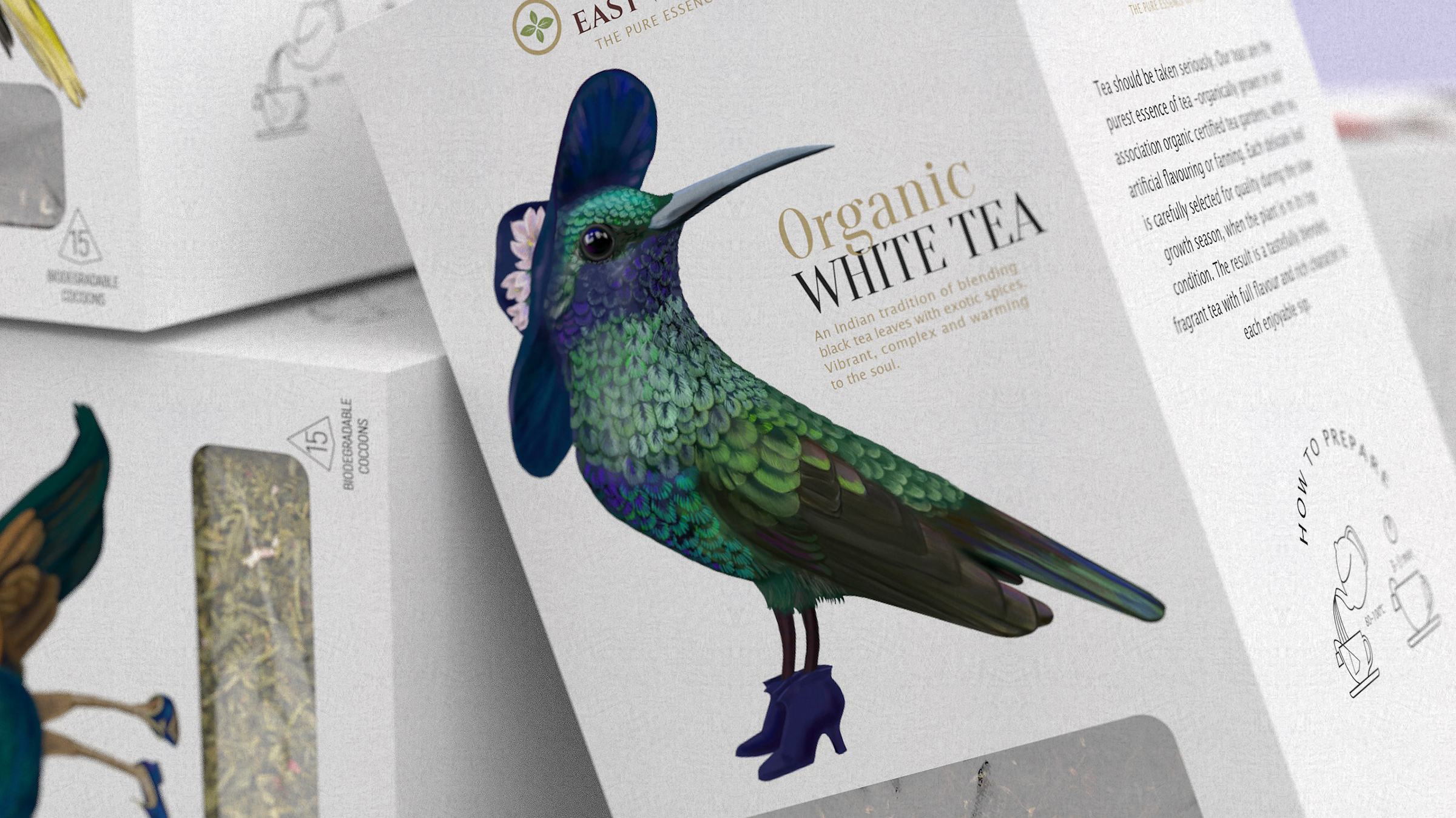 Charming Illustrative Birds on Organic Tea Range Packaging