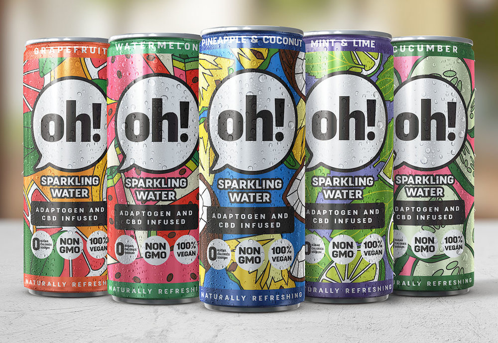 Oh! Sparkling Water Packaging, Adaptogen and Cbd Infused Flavored Water