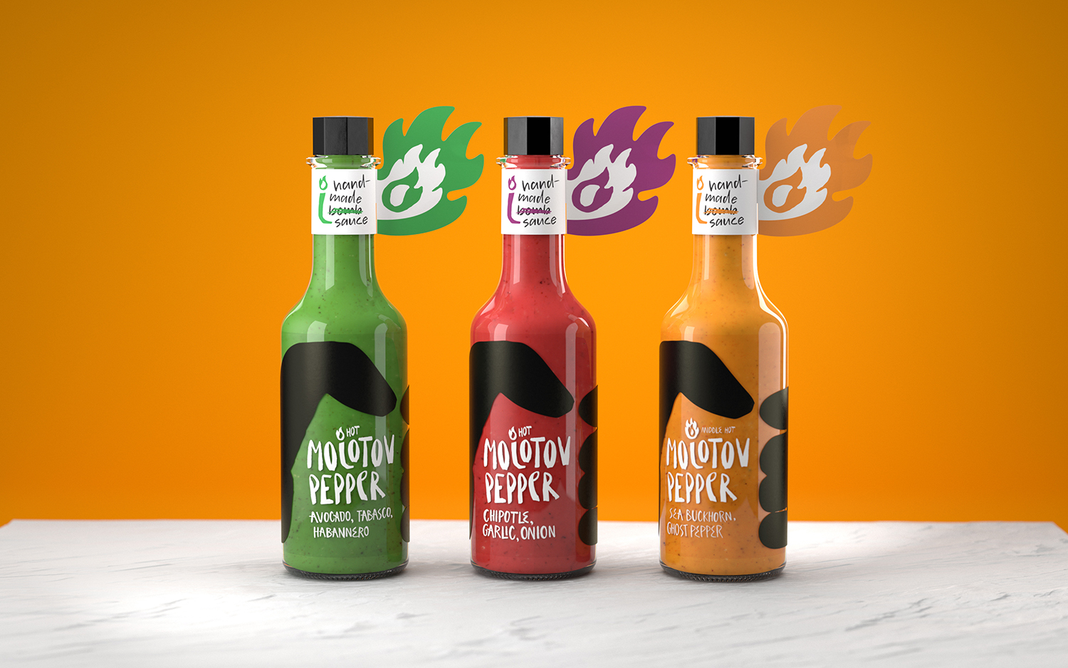 Student Packaging Design Concept for Molotov Pepper Handmade Hot Sauces