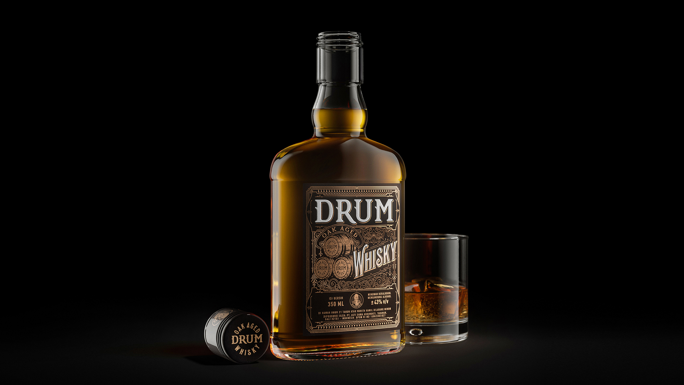 BlackMoon Studio Drum Whisky Packaging Label Design for Bali-Based Astidama Distillery