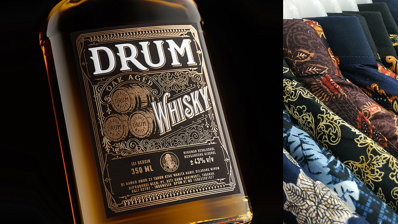 BlackMoon Studio Drum Whisky Packaging Label Design for Bali-Based