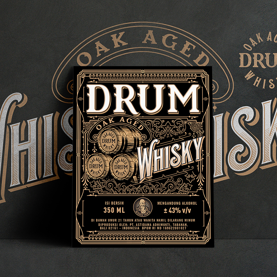 BlackMoon Studio Drum Whisky Packaging Label Design for Bali-Based