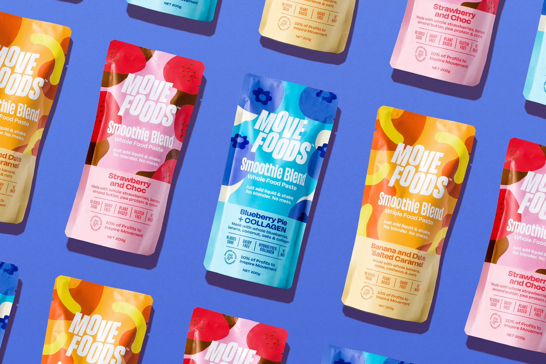 Bold and Energetic Brand and Packaging for Move Foods Smoothie Blends