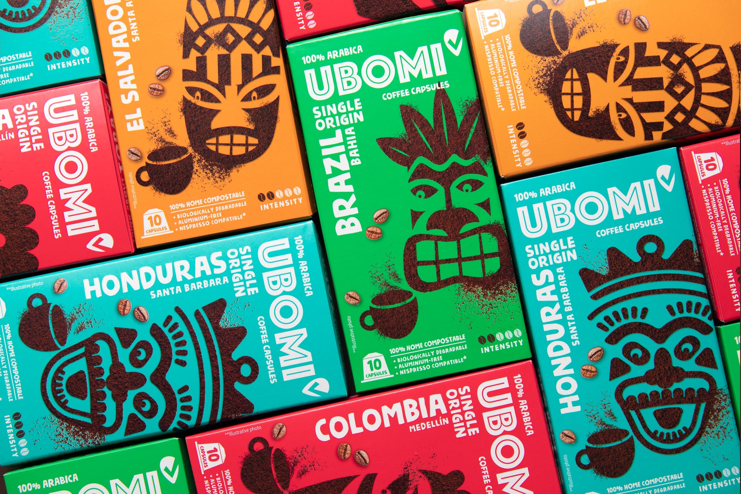 Colorful and Playful Packaging Design for Ubomi Coffee: Inspired by Coffee Origins and Tribal Masks