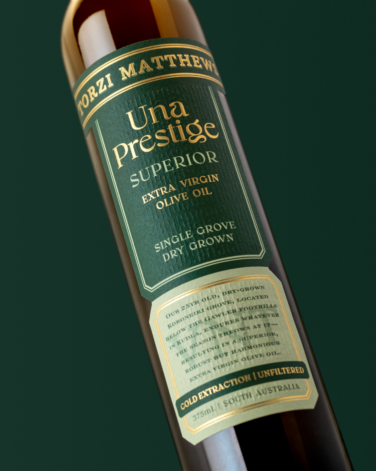Una Prestige, a Superior Extra Virgin Olive Oil Packaging Design for Torzi Matthews by Chad Holman