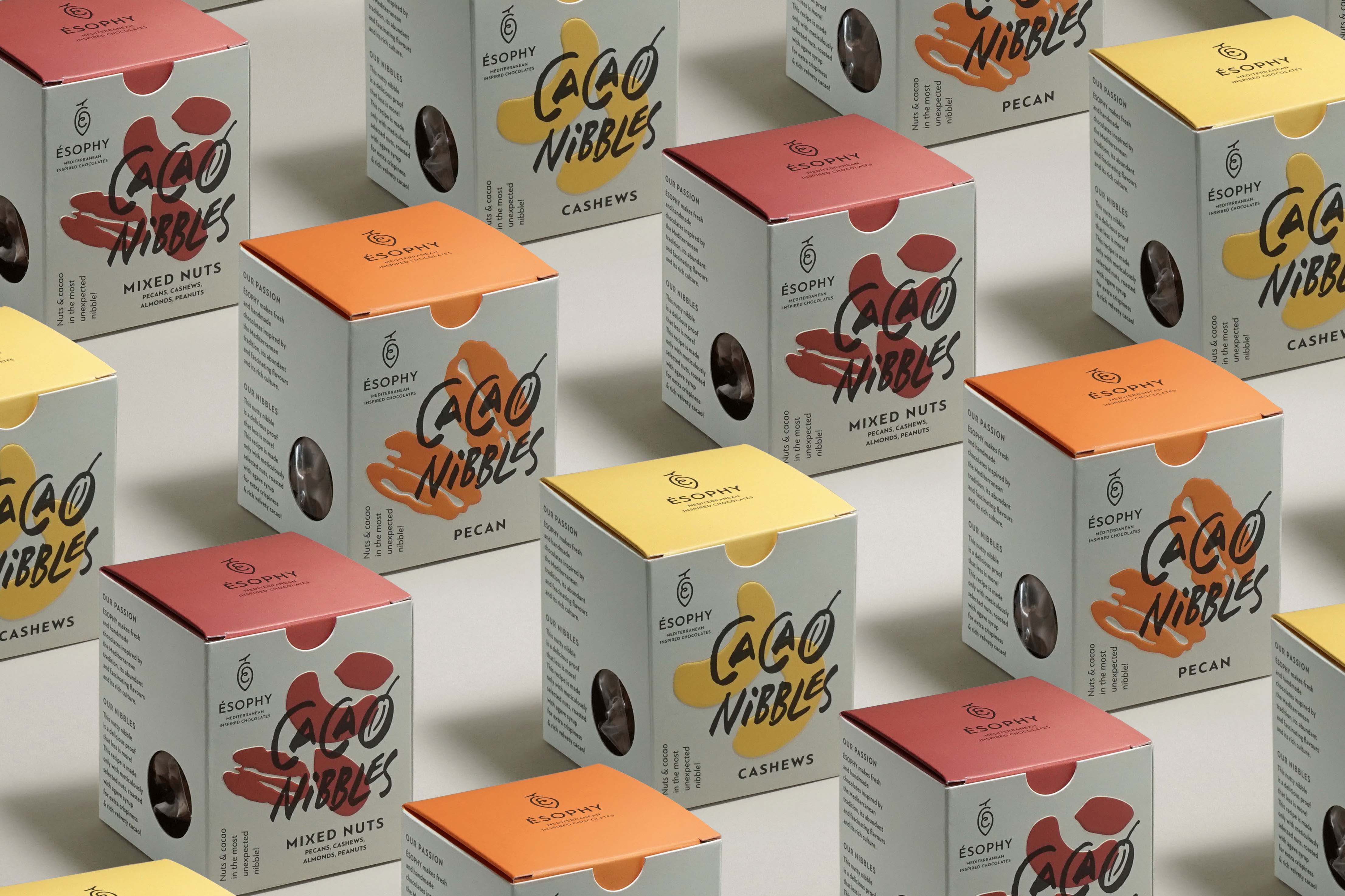 George Probonas Brings a Modern-Pop Aesthetic to Ésophy Cacao Nibbles Packaging Design