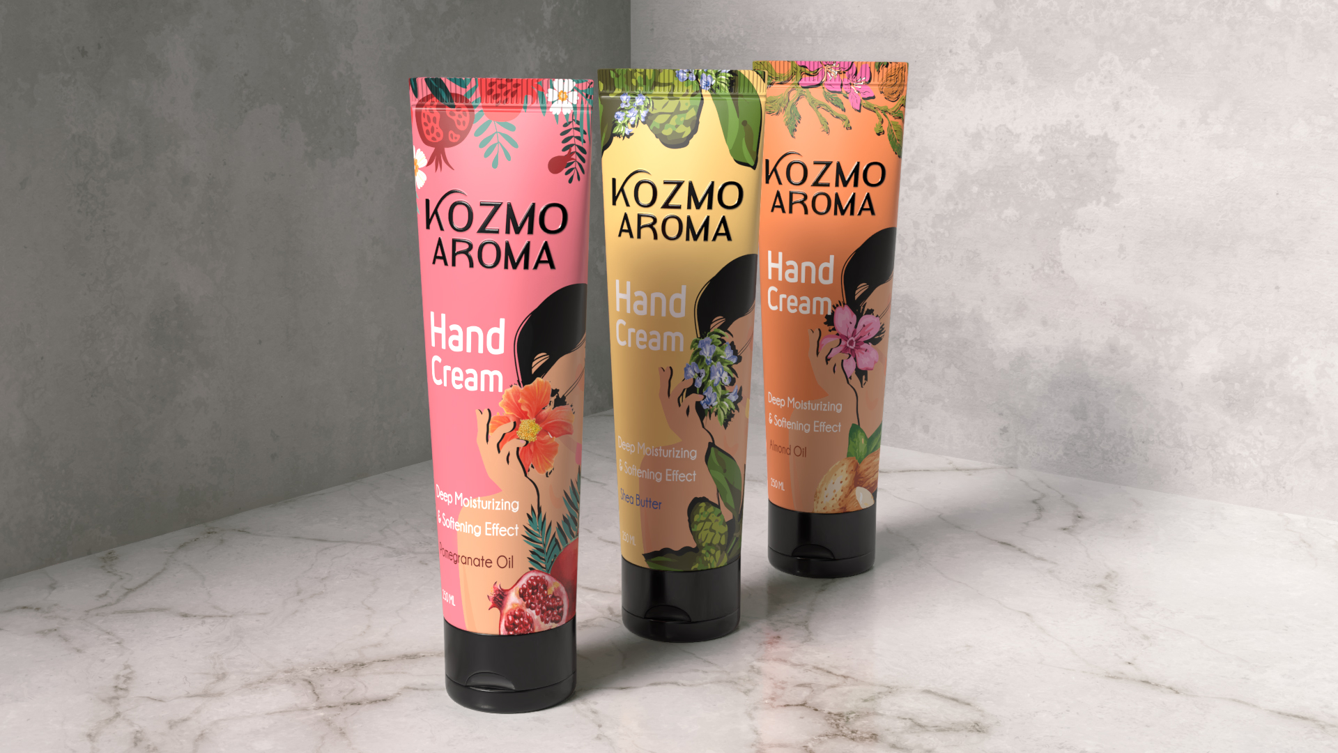 Kozmo Aroma Hand Cream Collection Branding and Packaging by Dot Advertising &  Marketing Agency