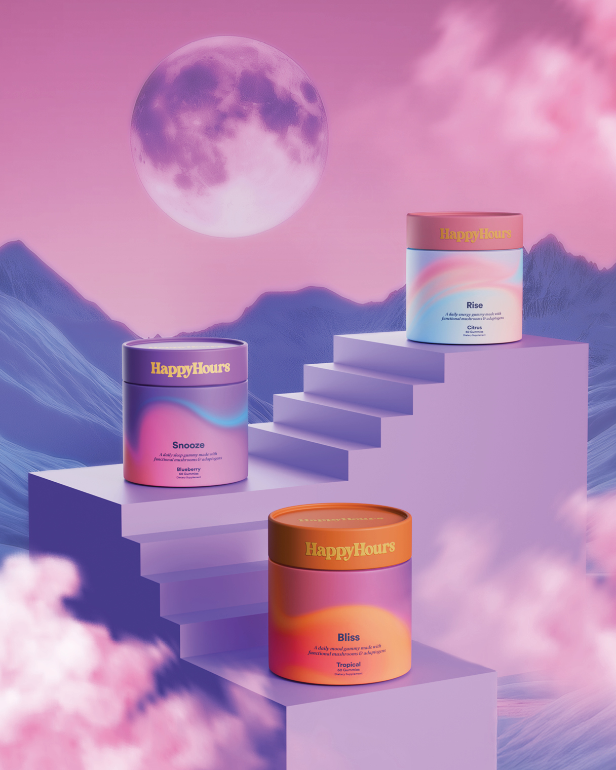 A Bold, Dreamy Brand and Packaging System for Happy Hours, a Functional Gummy Range Designed for Energy, Mood and Sleep