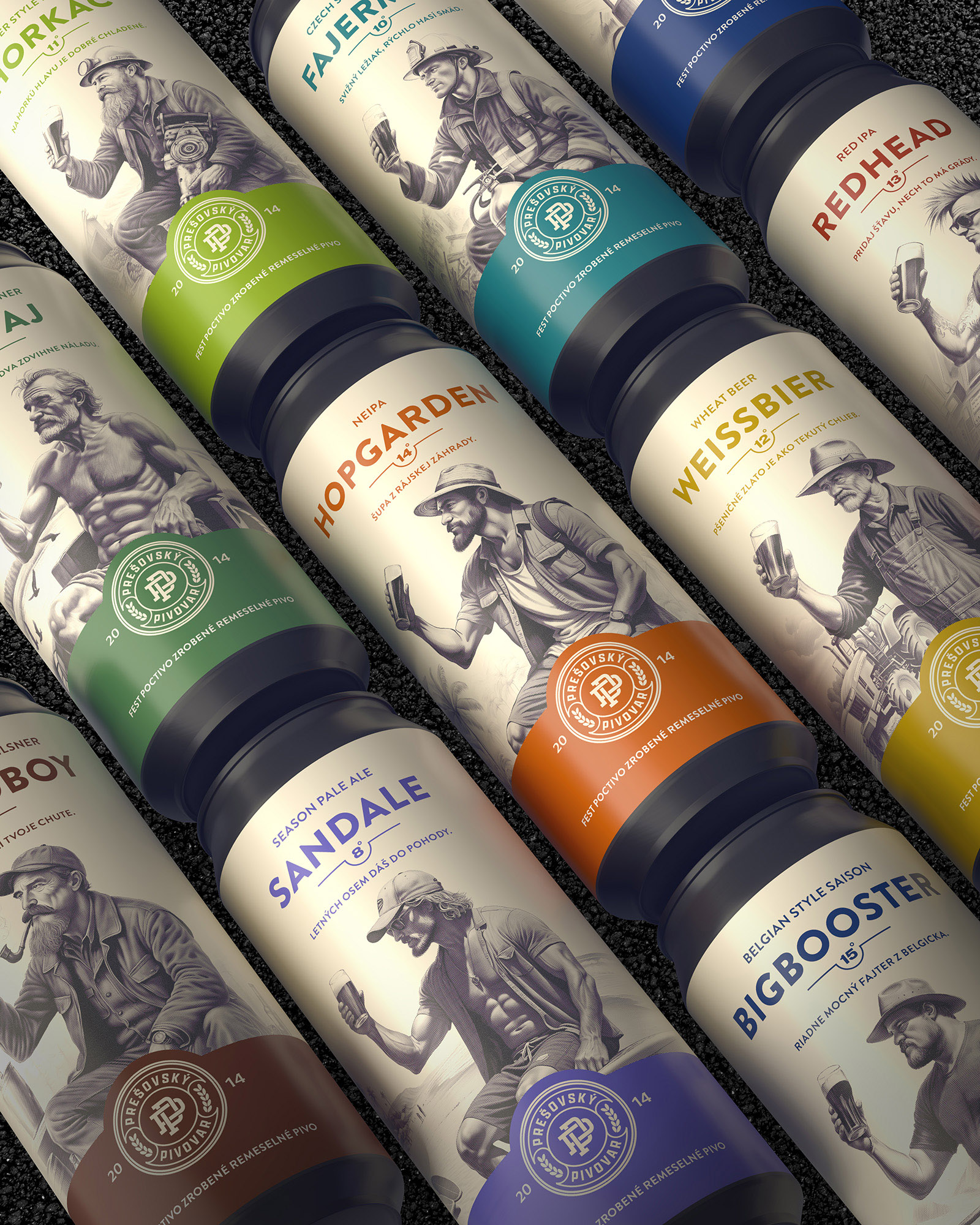 Prešov Brewery Beer Packaging Design by Majkut Works Unifies Nine Beer Varieties Into a Consistent Can Series