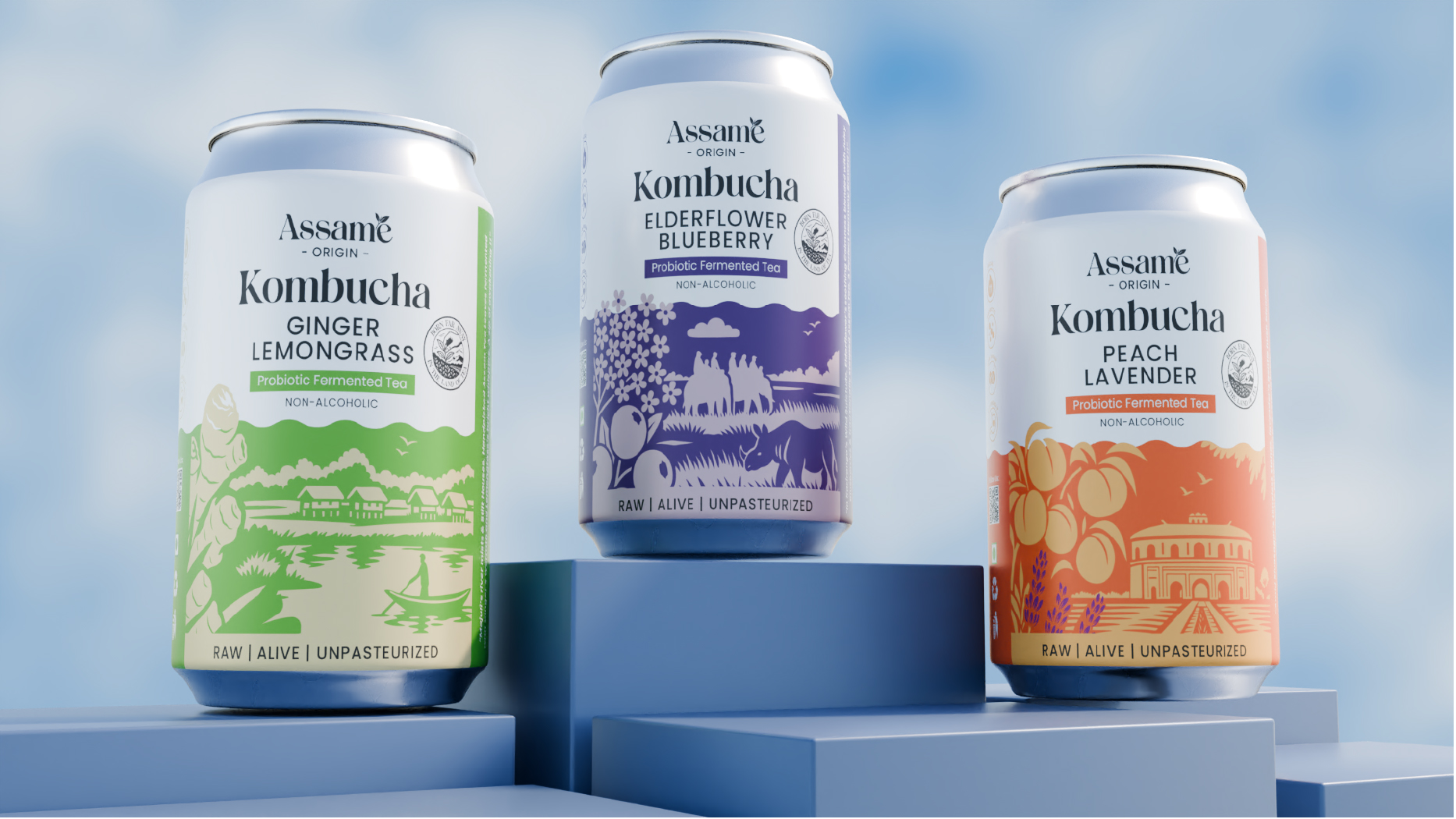 Assame Kombucha Packaging Design by Sorted Branding Turns Each Flavor Into a Distinct Visual Story