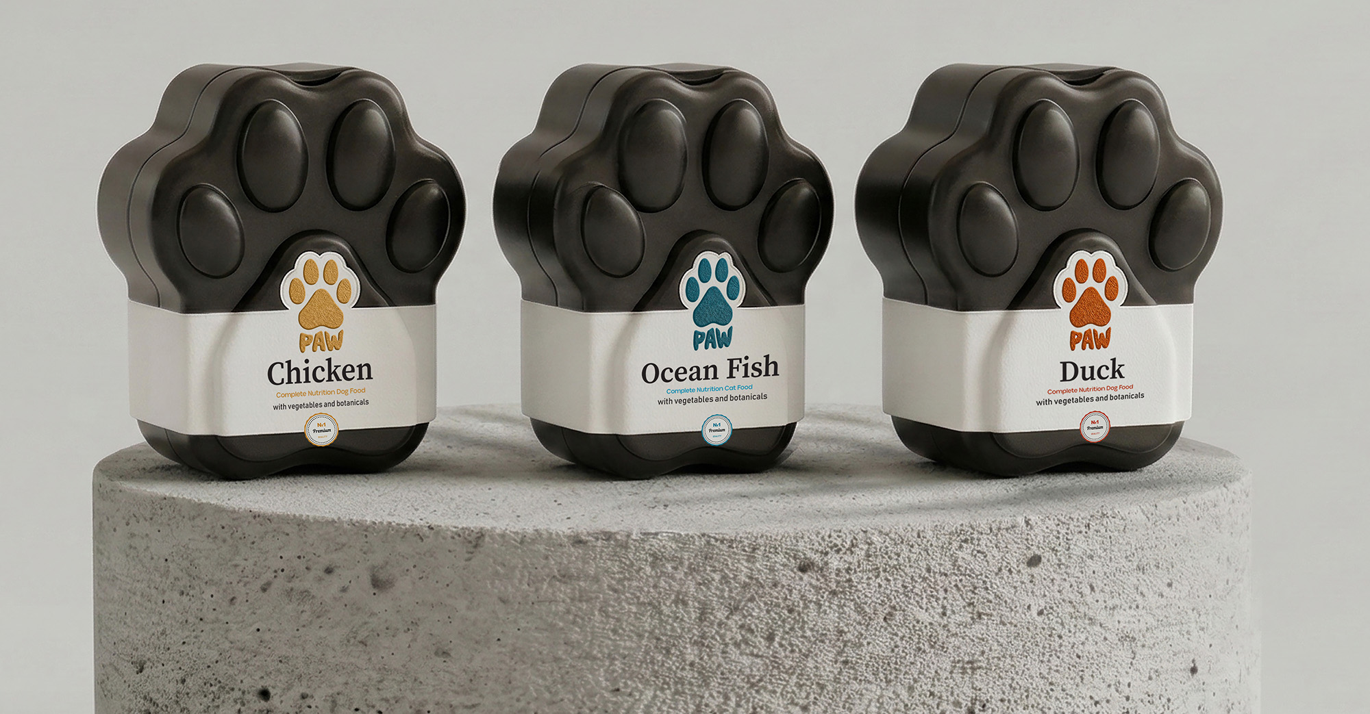 PAW Packaging Design by Lilit Sivolenko Uses Color Coding to Separate Dog Flavors and Cat Fish at a Glance