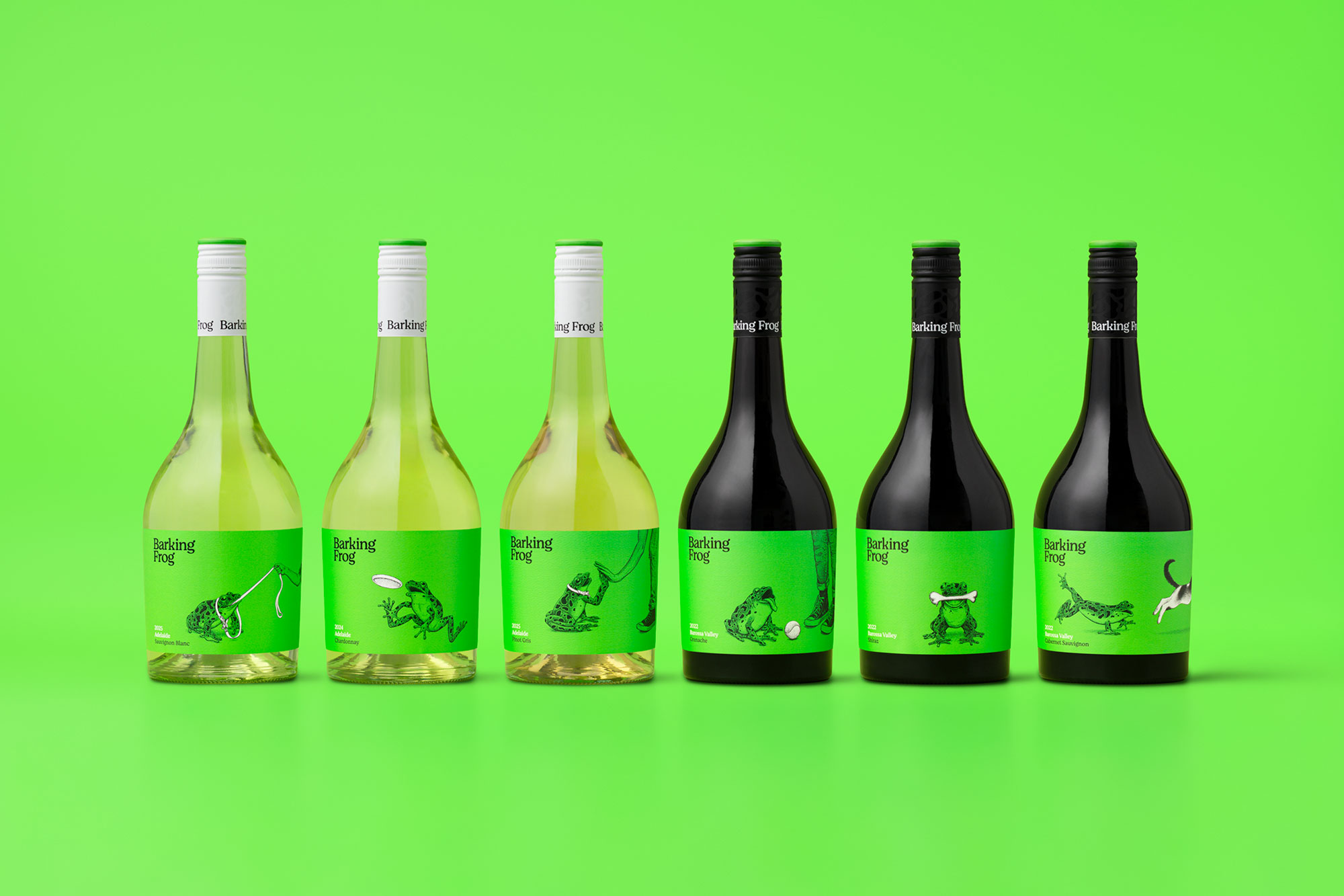 Barking Frog Wine Branding by Cornershop Design Brings Fred the Frog to Life With Bright Green Shelf Impact